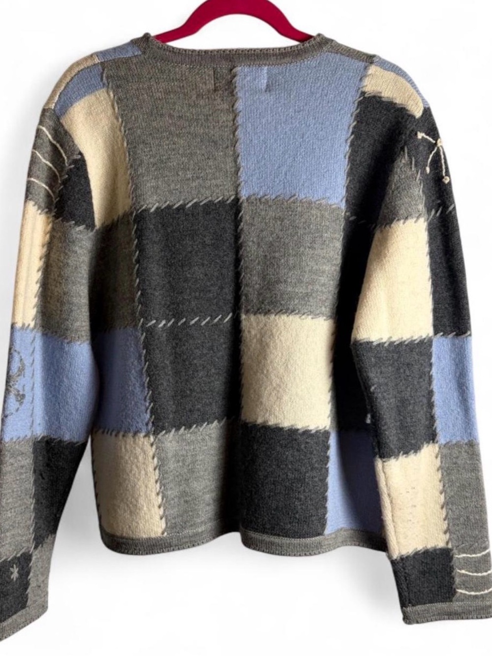 Vtg Tally Ho 100% Wool Patchwork Cardigan Sweater L Gray Blue Snowflake Winter - Picture 8 of 8